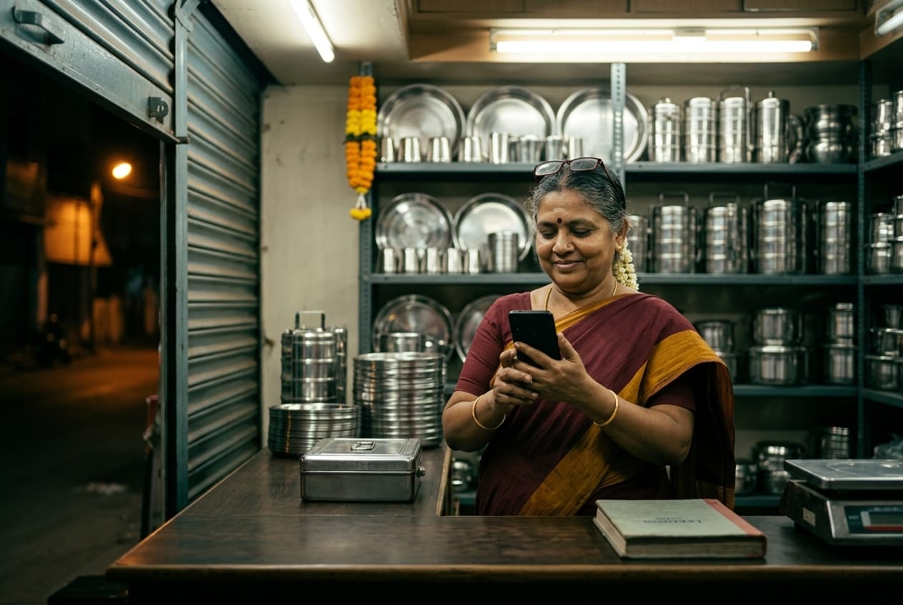 Utensils shop owner reading a message on her phone with relief at closing time, shutter half down