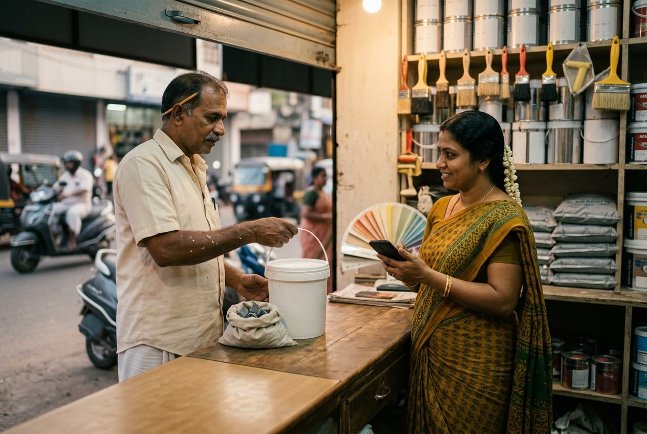 Paint shop owner noting a regular contractor's credit on her phone as he collects a bucket at the counter