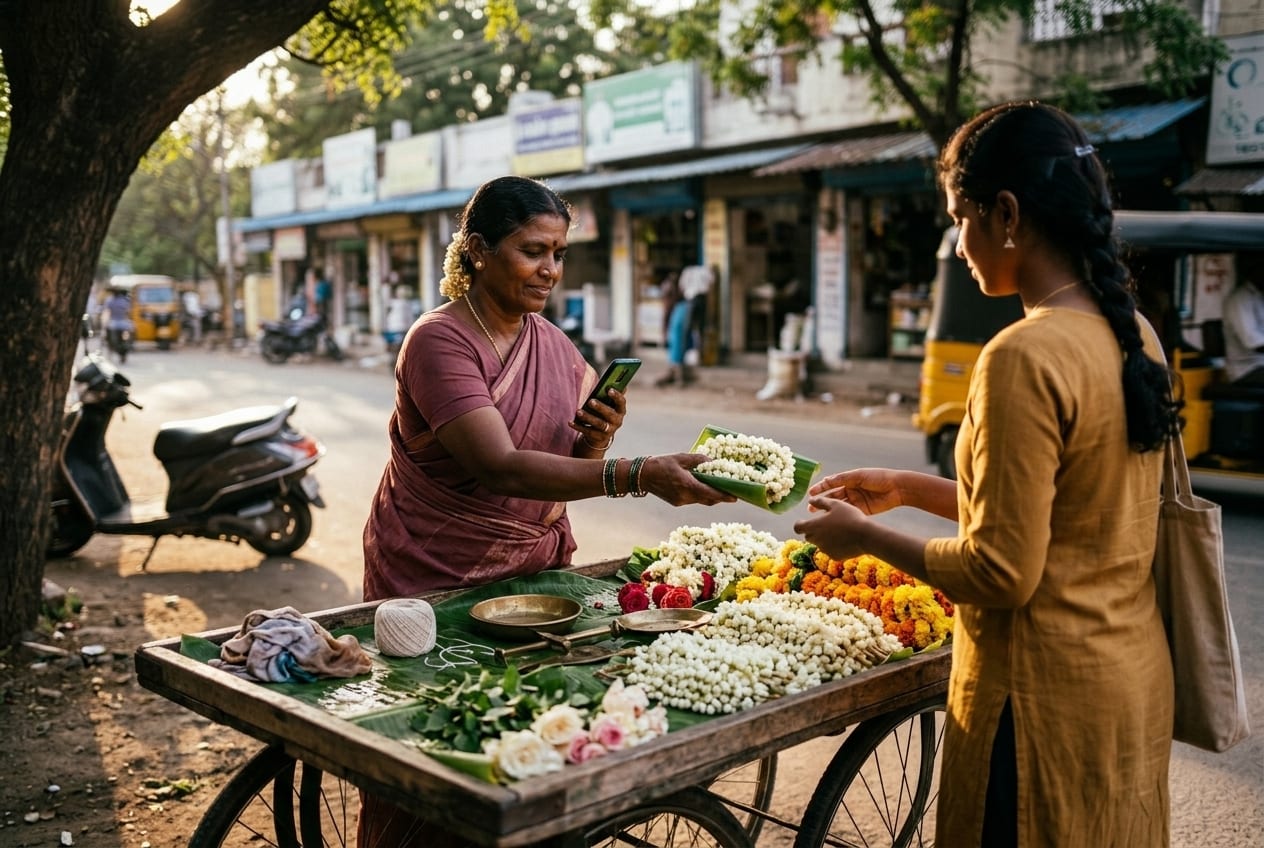 Flower seller checking a bill on her phone as she hands jasmine to a customer at her street push cart
