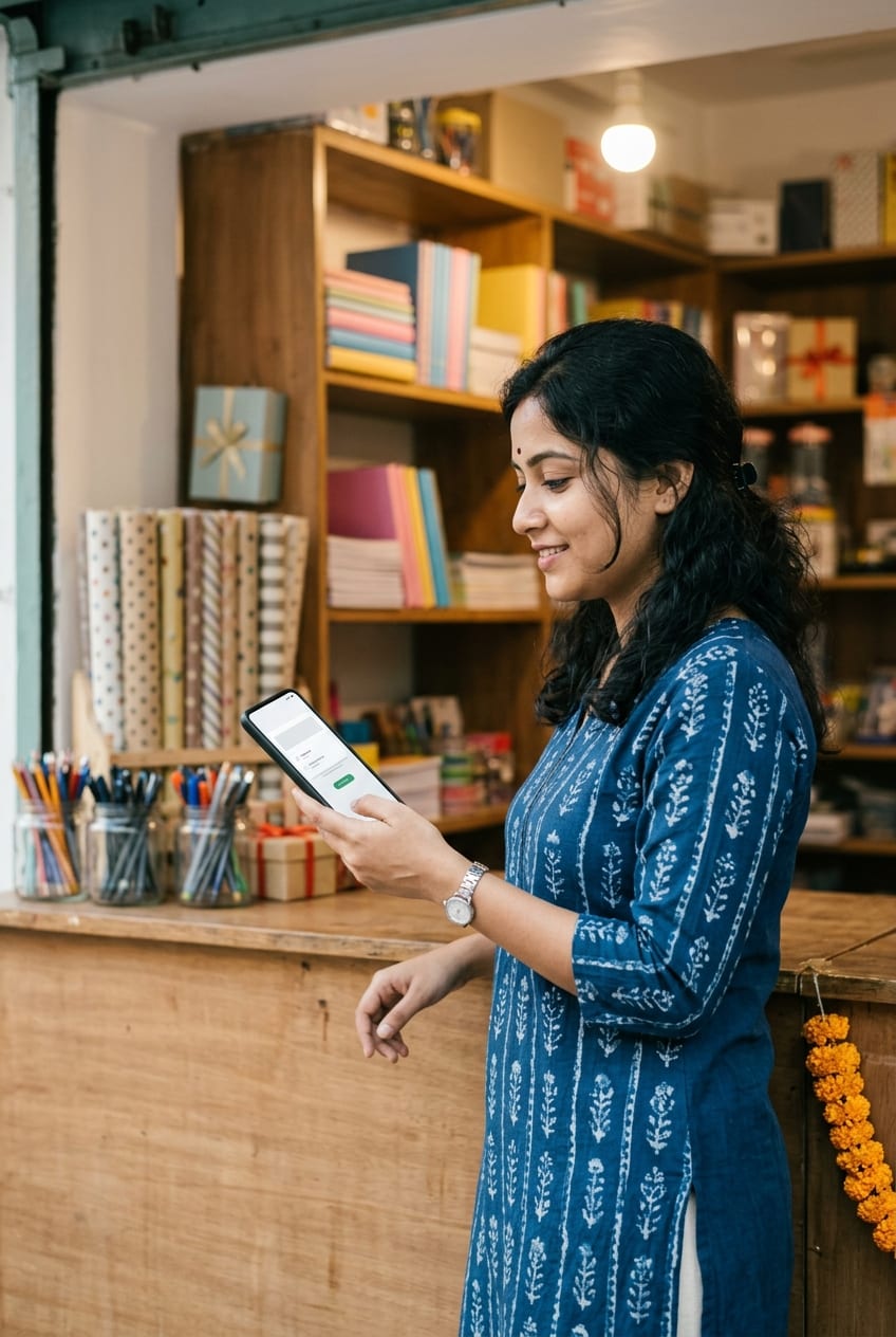 Young stationery and gift shop owner smiling at her phone among shelves of notebooks and gift wrap on opening morning