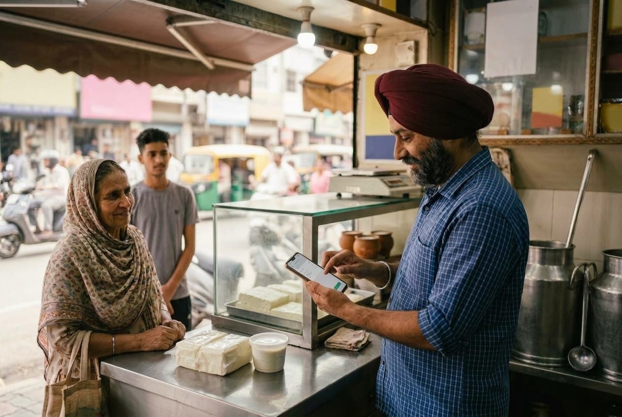 Dairy shop owner in a turban billing a customer on his phone while she waits at the counter with her bag