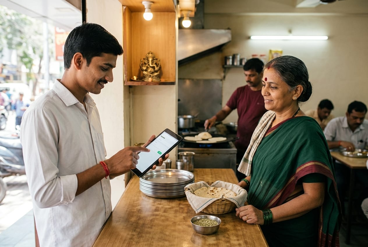 Young staff member taking a lunch order on a tablet while the owner looks on approvingly at a small restaurant counter