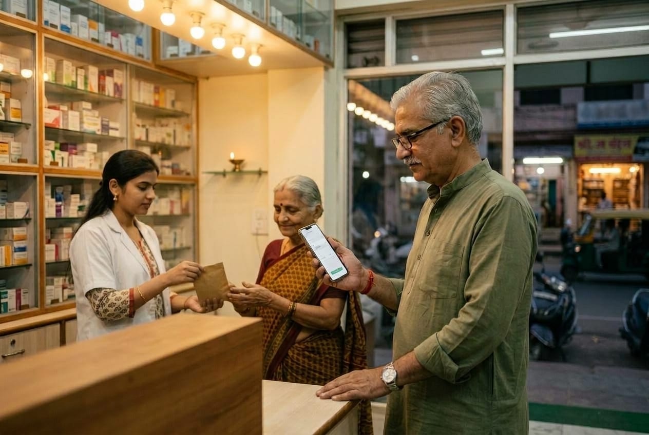 Pharmacy owner in his sixties checking his phone in the evening as a pharmacist serves a customer behind him