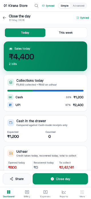 TruZync end-of-day summary reconciling sales, cash and digital collections