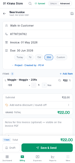 TruZync billing — adding items with GST applied automatically